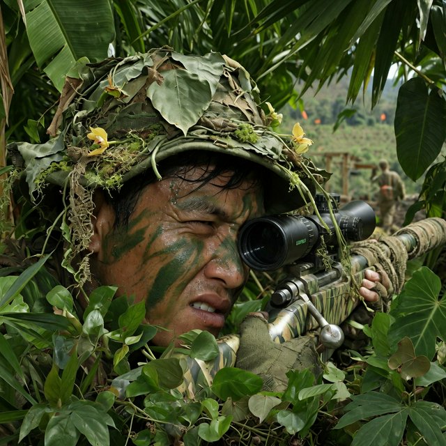 An adult sniper concealed in dense jungle foliage, aiming at a distant target, with a close-up view of his focused face. — Model 3