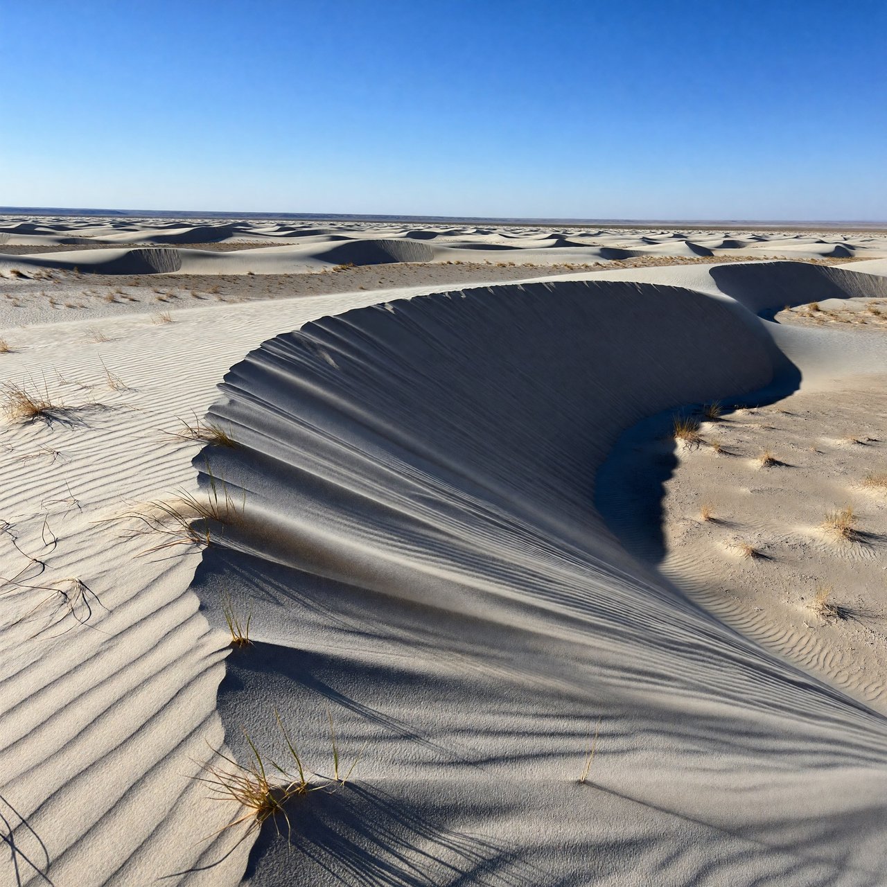 A pale gypsum dune field beneath a wind-brushed, cloudless midday sky, fine sand streaming over steep ridges; delicate ripple patterns and scattered salt-tolerant grasses sharpen the foreground as dunes soften toward a distant basin. — ImagineArt 1.5 Pro