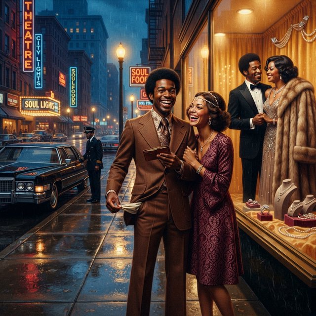 Cinematic city scene at night, with the glamour of 1970s soul romance. In the foreground, a young Black man in a modest brown wide-lapel suit smiles at his adult beloved, playfully turning out his empty trouser pocket while holding an almost-empty wallet. His adult girlfriend wears a burgundy patterned dress and delicate hairband; she holds his arm and gazes at him lovingly, unconcerned by his lack of money. Beside them, a grand department-store window glows amber, displaying a luxurious fur coat, regal evening gown, diamond rings and strings of pearls. In the glass, their reflections appear elegantly dressed, hinting at the lavish life he dreams of giving her. A polished black limousine waits at the curb beside a uniformed chauffeur. Wet pavement mirrors golden lights; deep blue city buildings balance the amber, cream and burgundy palette. Warm, joyful, sincere mood; realistic faces and hands, detailed fabrics and reflections. No text, borders or collage. — Nano Banana 2 Lite