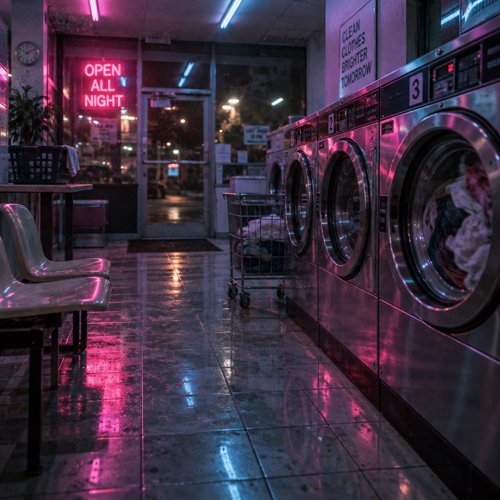 Neon washes a nearly empty overnight laundromat, reflections trembling across tiled floor and spinning steel drums. A handheld street snapshot under magenta and cyan tubes, shot at 35mm with moderate depth of field, catches lint drifting in the air. — GPT Image 2.5 Sunburst
