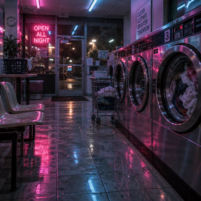 Neon washes a nearly empty overnight laundromat, reflections trembling across tiled floor and spinning steel drums. A handheld street snapshot under magenta and cyan tubes, shot at 35mm with moderate depth of field, catches lint drifting in the air. — GPT Image 2.5 Sunburst