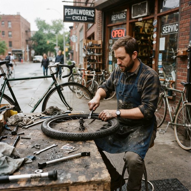 Candid documentary photograph of an adult bicycle mechanic repairing a flat tire outside a neighborhood workshop, soft overcast daylight, 35mm lens with moderate depth of field, greasy fingerprints, dust, and tiny metal shavings visible on the workbench. — Nano Banana 2 Lite