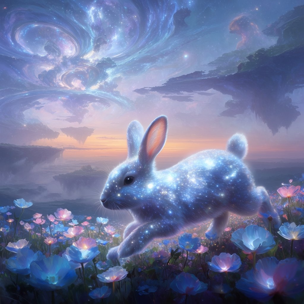 An ethereal rabbit, its fur made of shimmering moonlight, hops through a field of glowing, otherworldly flowers under a sky filled with nebulae. The landscape is dreamlike and surreal, with floating islands in the distance. The style is a delicate digital painting with fantasy elements, evoking a sense of wonder and tranquility. — Krea 2 Large