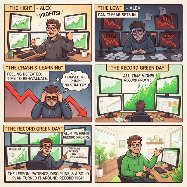 An image depicting the highs and lows of trading, in at least four panels. It ends with a very green day, record profits, and a lesson. — Model 16