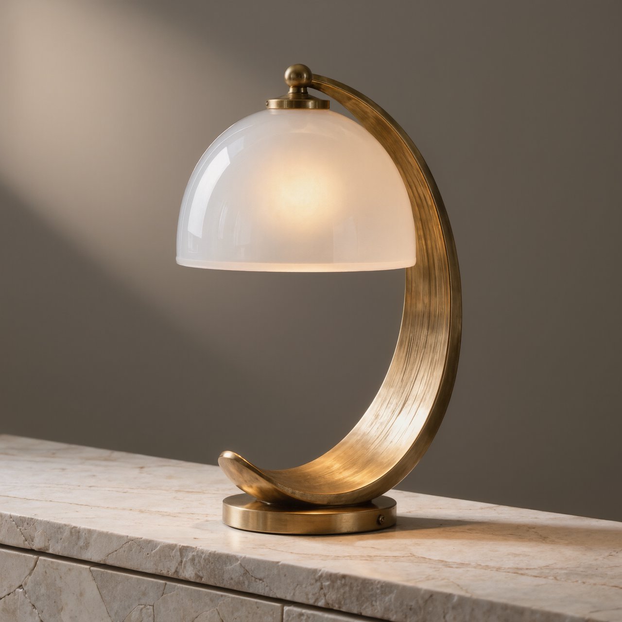 Commercial product photograph of an unbranded sculptural desk lamp made from brushed brass and opal glass, resting on pale travertine, against a warm gray background, with soft diffused light from upper left and gentle grounding shadow. — Kling v3 Omni