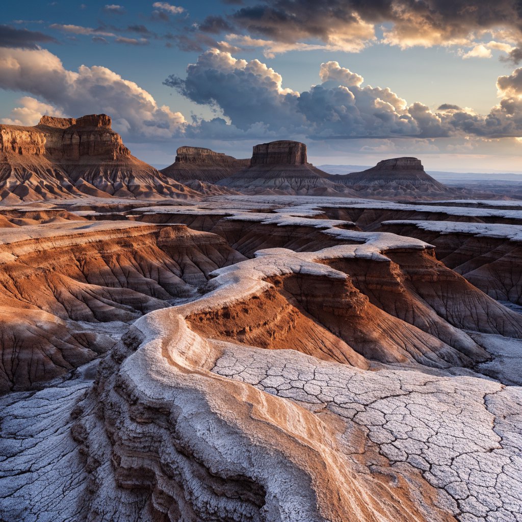 A red-sandstone badlands plateau beneath clearing winter clouds at sunrise, overnight frost silvering the gullies; cracked clay and wind-smoothed rock lead the eye across layered mesas fading into pale distance. — Recraft v4