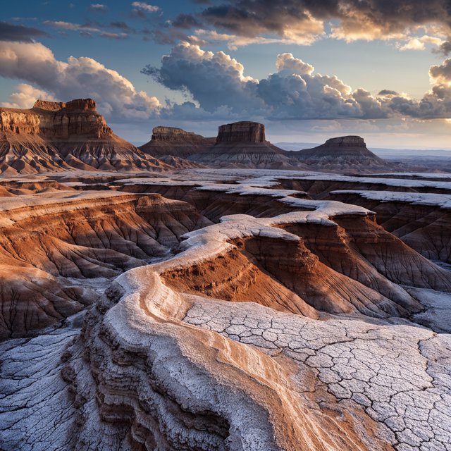 A red-sandstone badlands plateau beneath clearing winter clouds at sunrise, overnight frost silvering the gullies; cracked clay and wind-smoothed rock lead the eye across layered mesas fading into pale distance. — Recraft v4