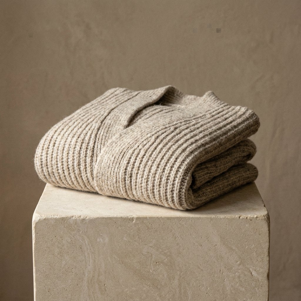 A folded unbranded merino cardigan rests on a honed limestone plinth, its chunky ribbed wool surface softly catching broad overhead diffusion and warm side bounce against a muted clay backdrop, with no tags, lettering, or graphics. — Nano Banana 2.1