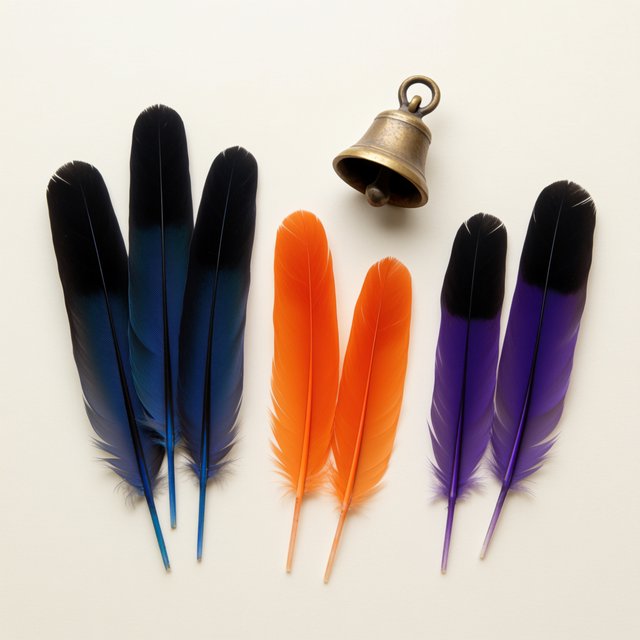 Exactly seven feathers lie on a cream tabletop: three blue on the left, two orange in the center, and two purple on the right. A brass bell sits above the orange pair, nothing else. — Krea 2 Medium