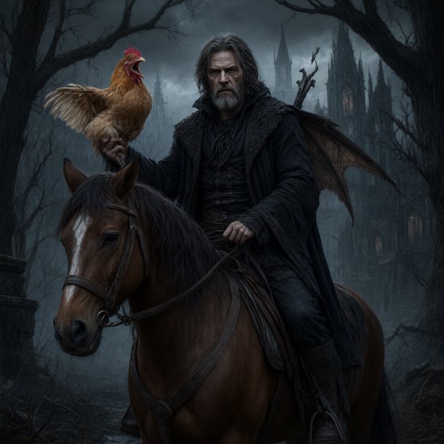 A man riding a horse, holding a screaming chicken, in dark gothic fantasy. — Model 16