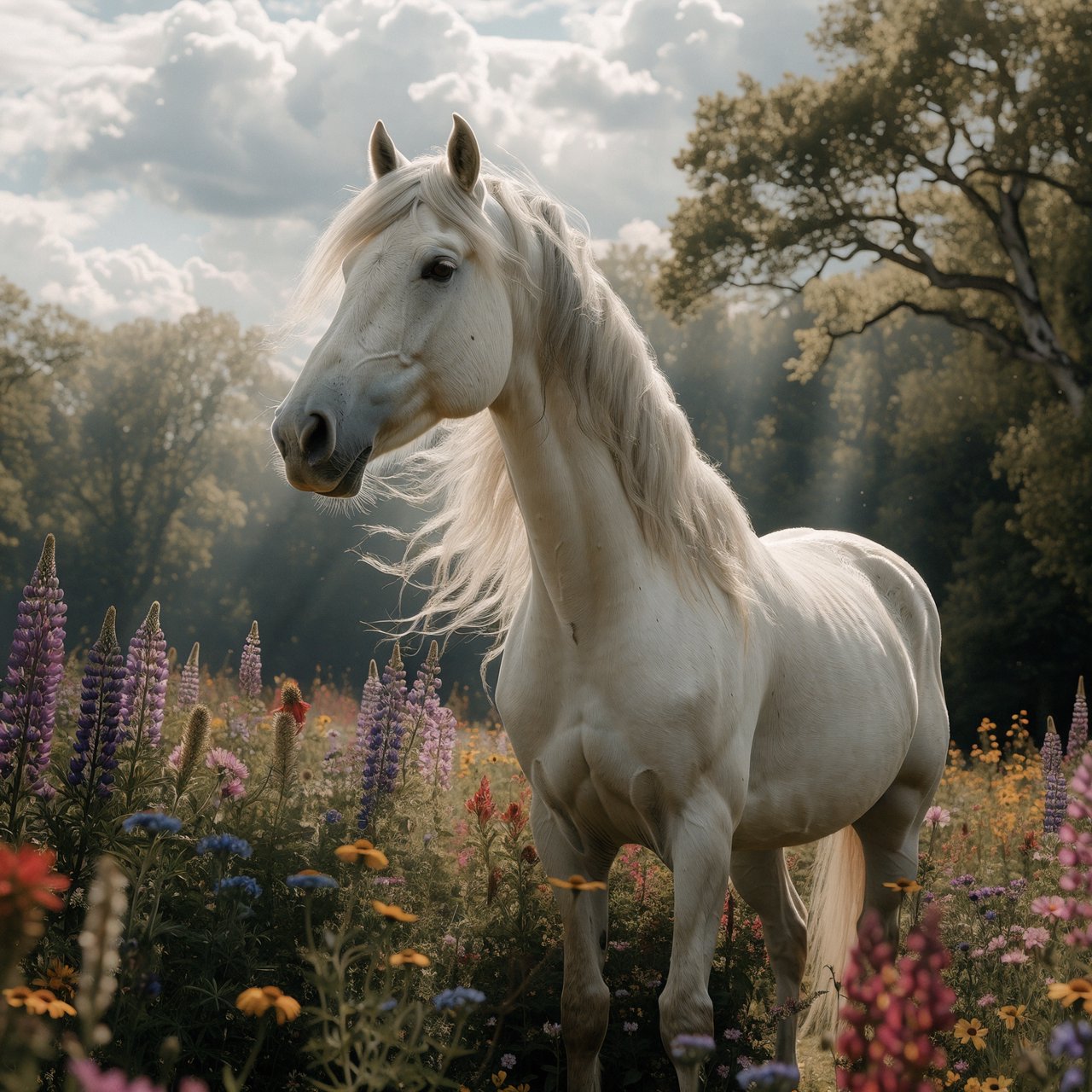 a regal white horse with a flowing mane, standing in a sun-dappled meadow filled with vibrant wildflowers. Gentle light illuminates the scene, highlighting the horse's powerful physique and the delicate details of the flowers. The style is reminiscent of Romantic era landscape paintings with a soft, impressionistic touch. — Recraft v4 Pro