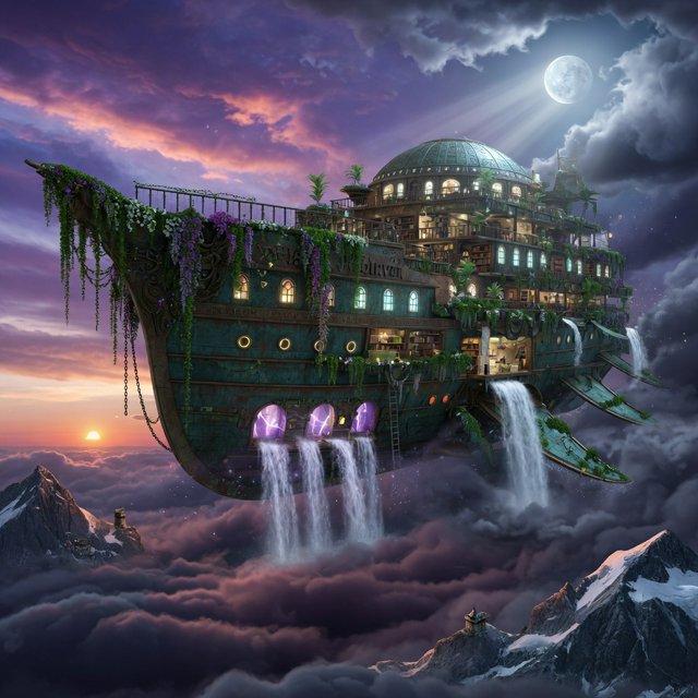 A colossal floating archive-ship drifts above storm clouds, its bronze hull wrapped in hanging gardens and luminous windows, while waterfalls spill into the sky. Distant mountain peaks pierce the cloud sea beneath a violet sunset and cold silver moonlight. — Grok Imagine Image Quality