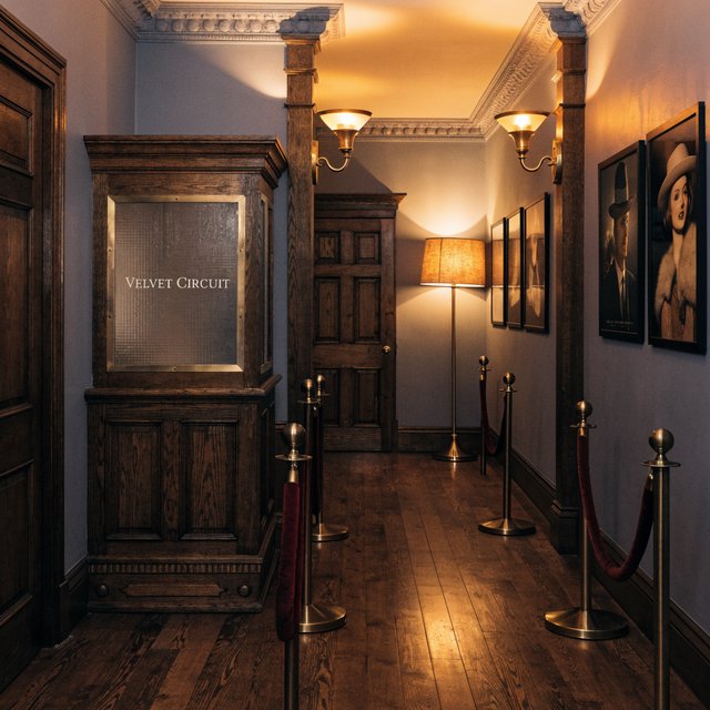 A narrow neighborhood cinema lobby glows with amber sconces, velvet ropes, and framed film stills; "VELVET CIRCUIT" is etched in elegant silver lettering across the frosted glass ticket-booth window. — Recraft v4