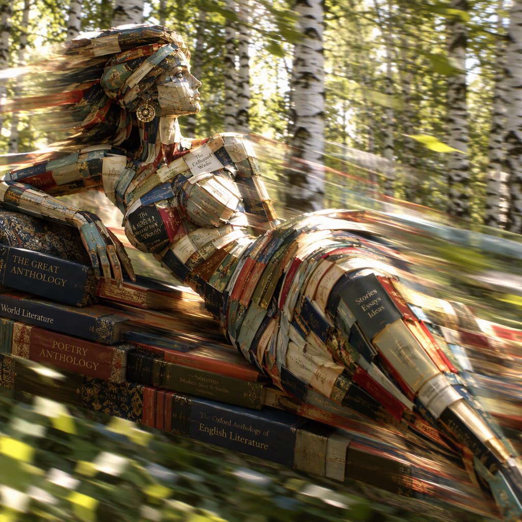 Create an adult odalisque entirely made of anthologies. The odalisque is formed from an anthology, with movement and motion blur that clearly shows its composition. The material should appear high quality, with dappled sunlight. The background is a birch forest, and the overall mood is Futurism. — GPT Image 2.5 Flare