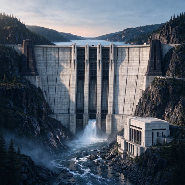 A broad hydroelectric dam in contemporary Brutalist engineering style spans a rocky gorge, its pale concrete face anchored by dark basalt abutments and steel gates; cool dawn light, viewed from downstream, with convincing load-bearing geometry. — Model 19
