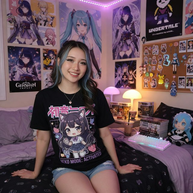 A young beautiful woman of Chinese descent, she is twenty years old, sitting in a bedroom, sitting on the edge of her bed. She is wearing a black anime-themed shirt and denim shorts. She has dark brown hair with light blue highlights, brown eyes, pale skin. Her bedroom has anime- and video game-inspired posters and trinkets. Looking at the viewer, smiling. — Grok Imagine Image Quality