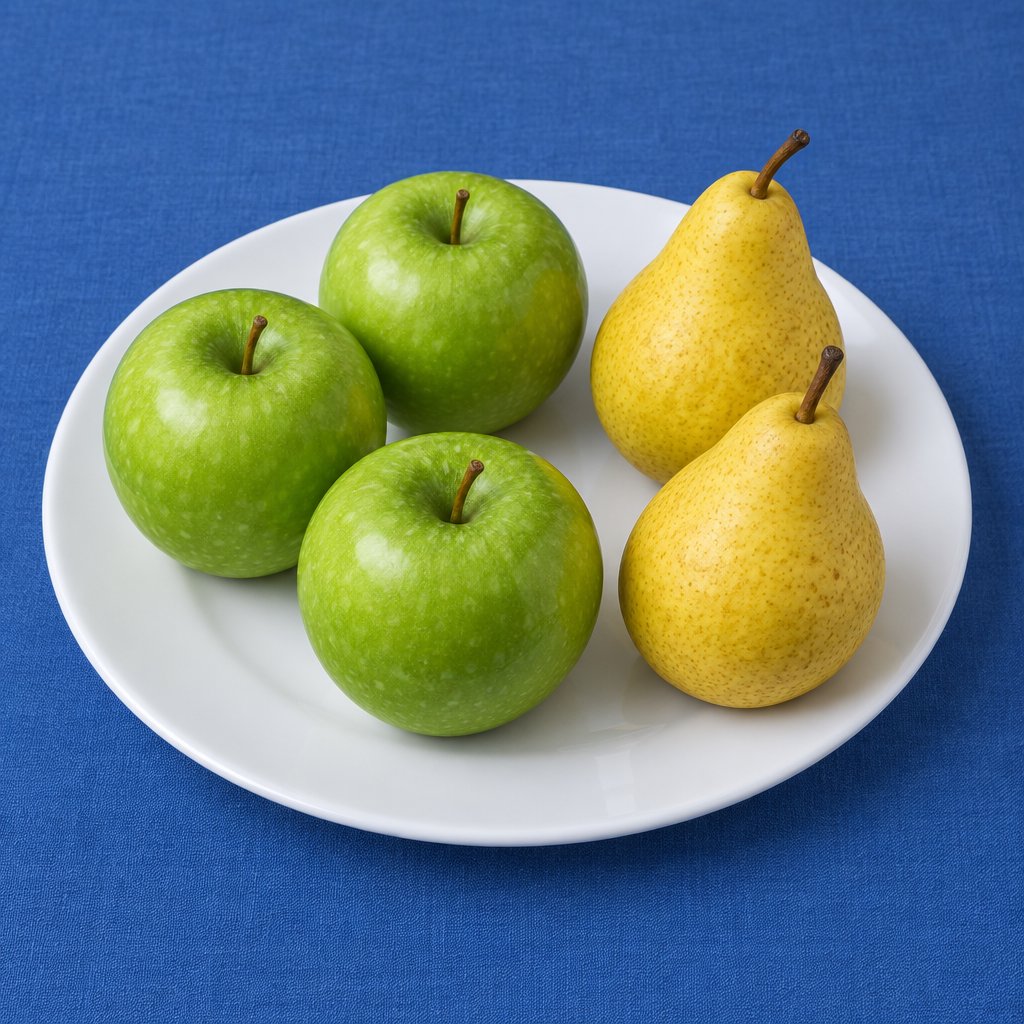 Exactly three green apples and two yellow pears on a white plate, the plate on a blue tablecloth, nothing else on the table. — GPT Image 2.5 Flare