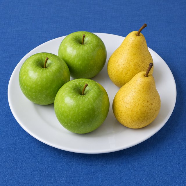 Exactly three green apples and two yellow pears on a white plate, the plate on a blue tablecloth, nothing else on the table. — GPT Image 2.5 Flare