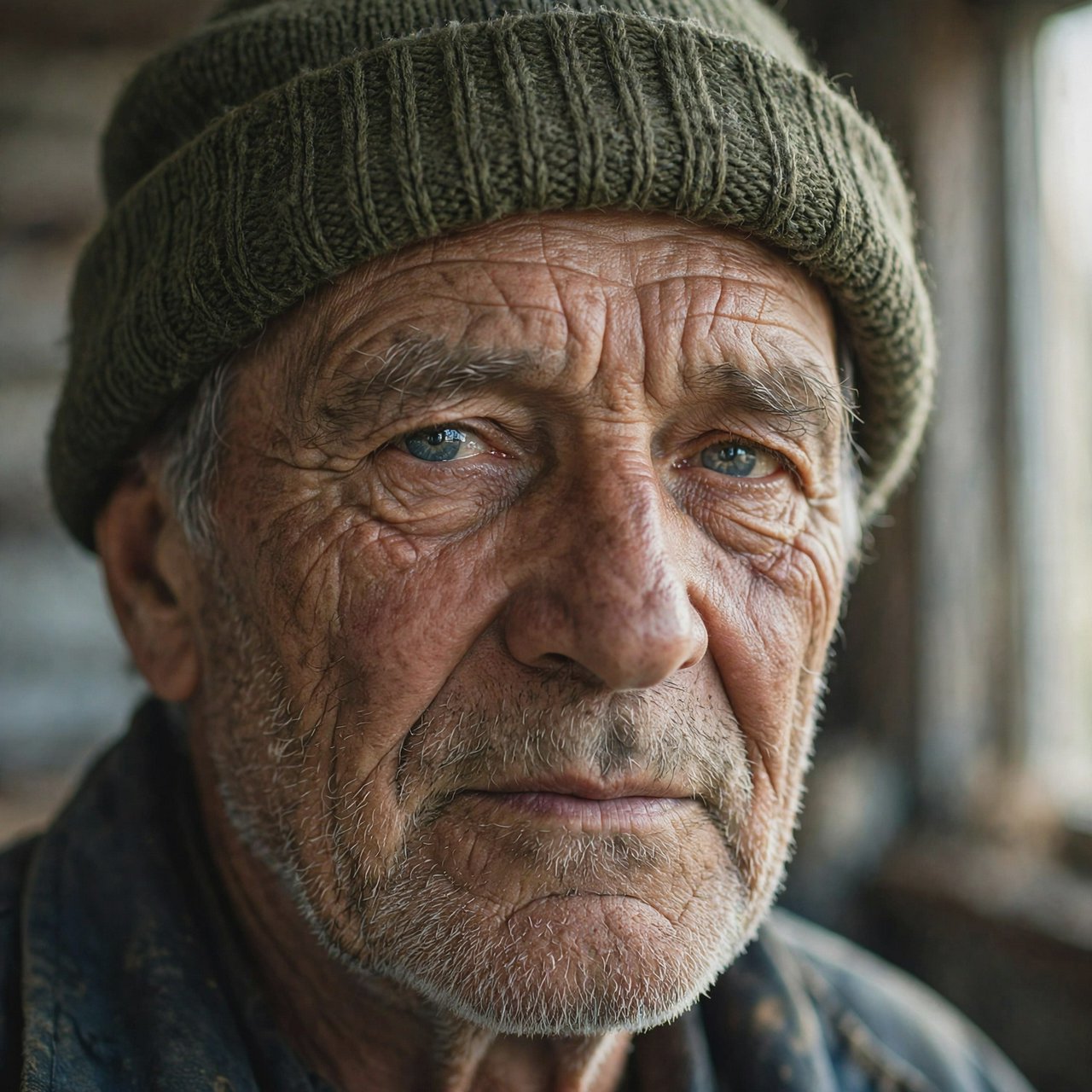Close-up portrait of an elderly fisherman with deep wrinkles and a knitted cap, catchlights in the eyes, weathered skin texture, soft window light. — Muse Image 1.0