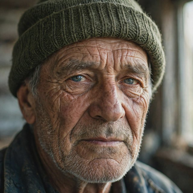 Close-up portrait of an elderly fisherman with deep wrinkles and a knitted cap, catchlights in the eyes, weathered skin texture, soft window light. — Muse Image 1.0