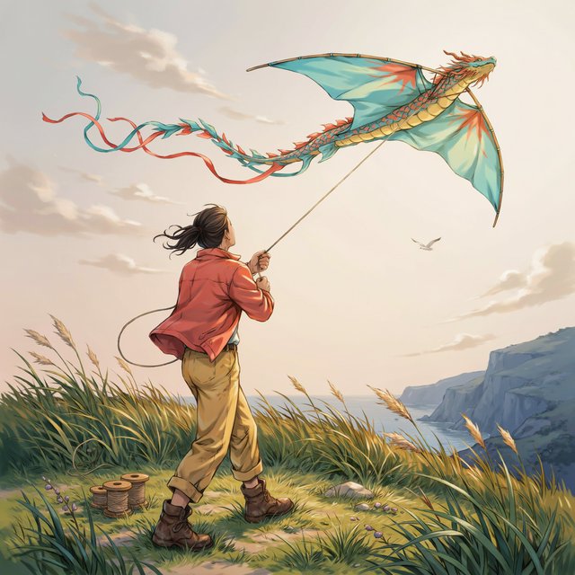 Cel-shaded anime illustration of an adult kite maker testing a vast translucent dragon-shaped kite on a windy coastal bluff, ribbons streaming above wild grasses and distant cliffs. Palette of coral, turquoise, butter yellow, and deep blue, with clean contours and a luminous sky. — Ideogram v4