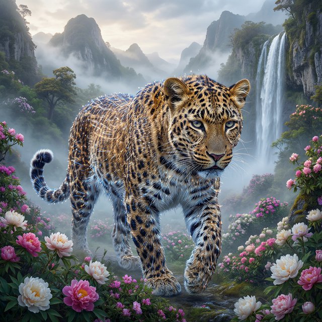 A majestic leopard, its fur detailed in intricate glowing fiber optics, emerges from a dreamlike, mist-shrouded floral mountain landscape with a waterfall in the background. The scene is bathed in ethereal light, evoking a sense of awe and wonder. — Qwen Image 3.0 Pro