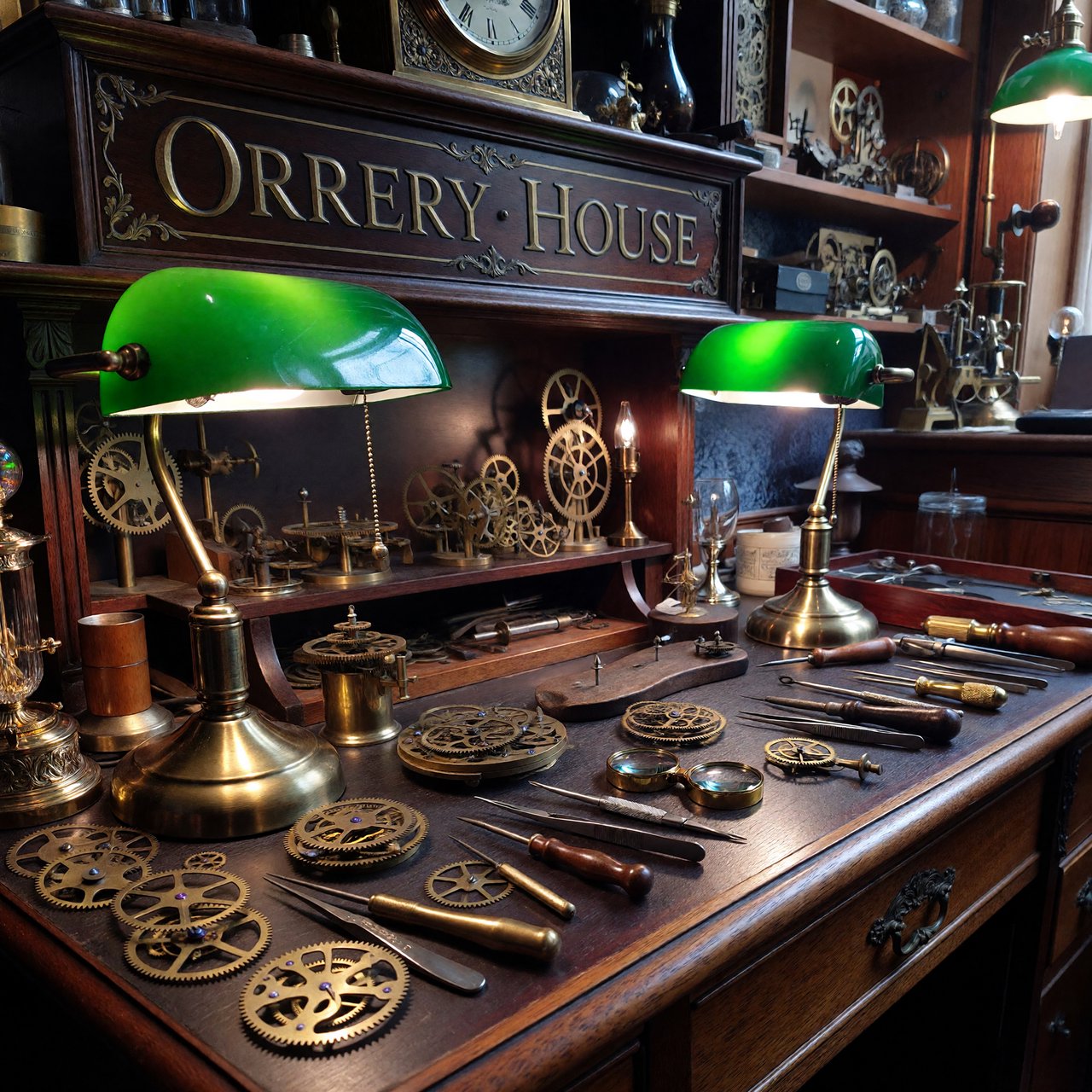 Inside a quiet clockmaker’s workshop, brass gears and tiny tools gleam beneath green-shaded lamps; "ORRERY HOUSE" is engraved in crisp serif letters on a dark walnut sign above the repair counter. — ImagineArt 1.5 Pro