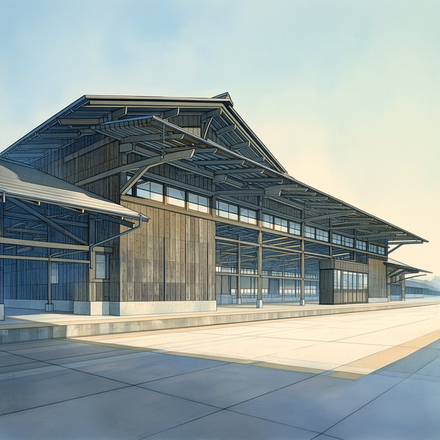 Contemporary Japanese timber train station, charred cedar cladding, pale concrete platform, broad pitched roof with exposed beams and translucent clerestories, cool morning light, viewed obliquely from the quiet approach plaza, precise straight lines and plausible structure. — Midjourney Niji 7