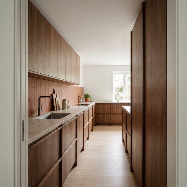 Along a galley kitchen, flat-front walnut cabinets meet pale limestone counters and a matte terracotta backsplash in restrained Scandinavian modern style; soft north-window daylight reveals the worktop from the doorway, with clean aligned lines and believable supports. — Model 15