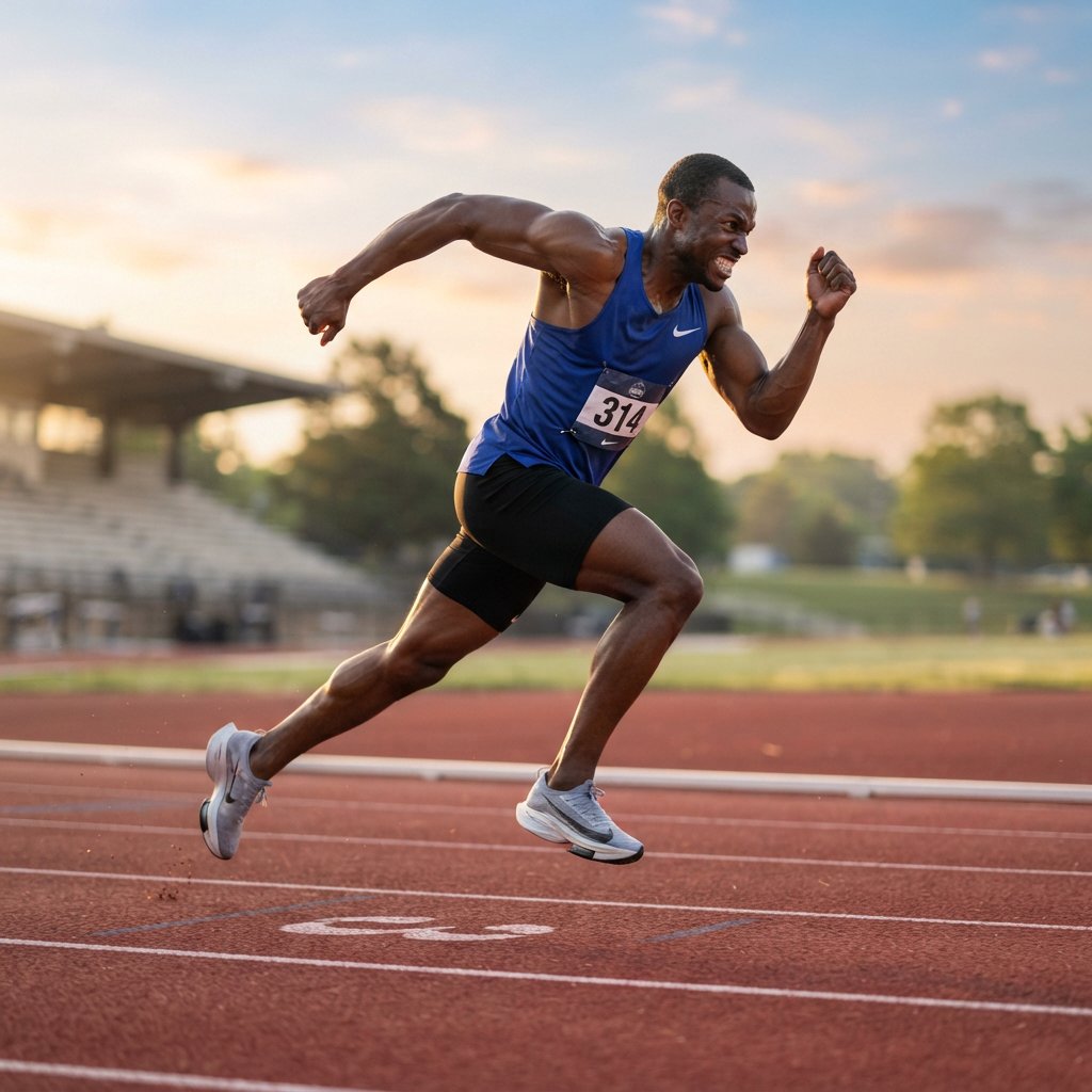 Adult male athlete in running shorts and a tank top mid-sprint on an outdoor track at dawn, muscles defined, motion captured sharply. — Nano Banana 2 Lite