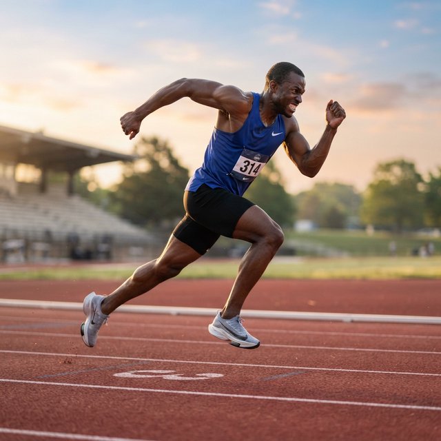 Adult male athlete in running shorts and a tank top mid-sprint on an outdoor track at dawn, muscles defined, motion captured sharply. — Nano Banana 2 Lite