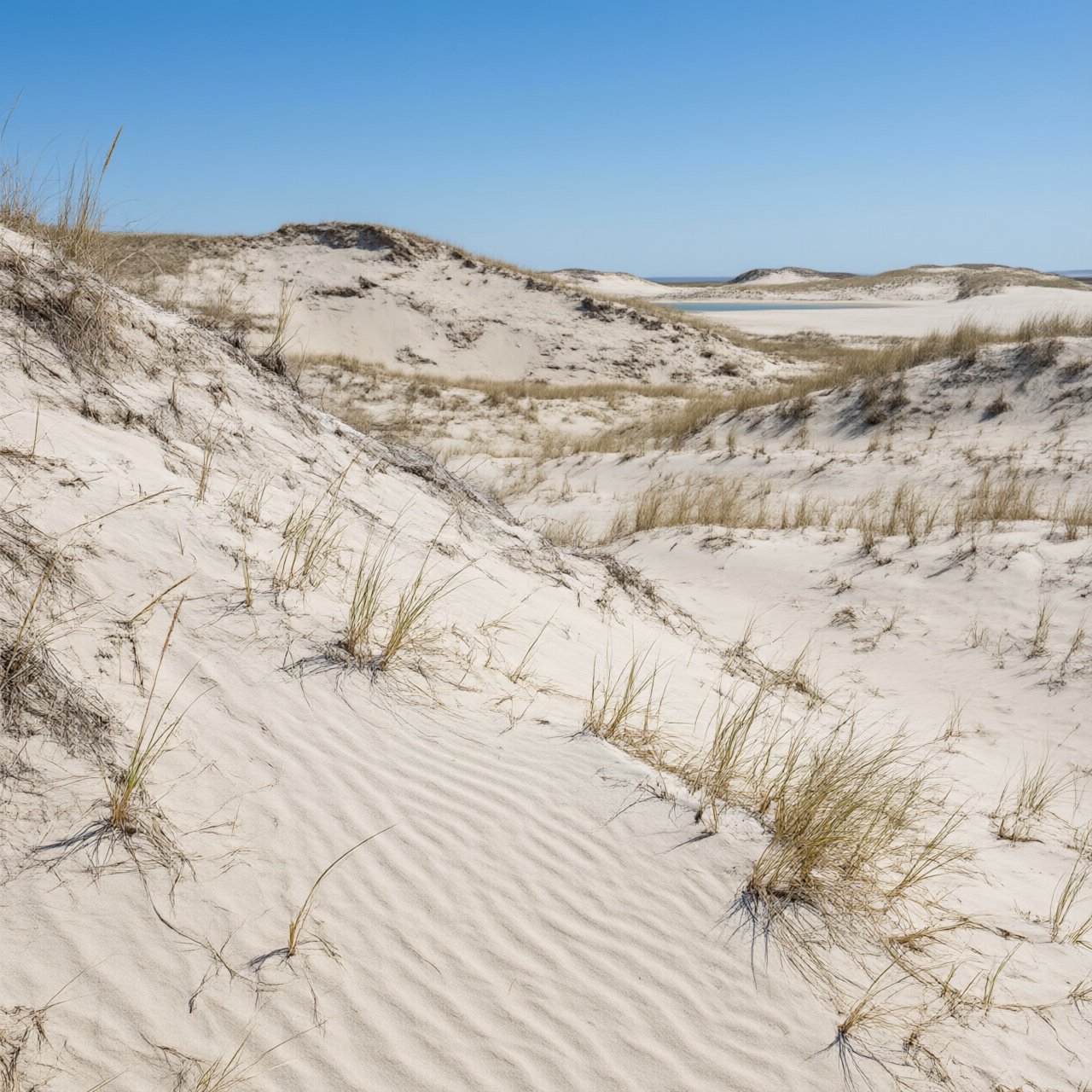 A pale gypsum dune field beneath a wind-brushed, cloudless midday sky, fine sand streaming over steep ridges; delicate ripple patterns and scattered salt-tolerant grasses sharpen the foreground as dunes soften toward a distant basin. — Qwen Image 3.0