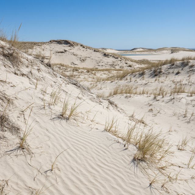 A pale gypsum dune field beneath a wind-brushed, cloudless midday sky, fine sand streaming over steep ridges; delicate ripple patterns and scattered salt-tolerant grasses sharpen the foreground as dunes soften toward a distant basin. — Qwen Image 3.0