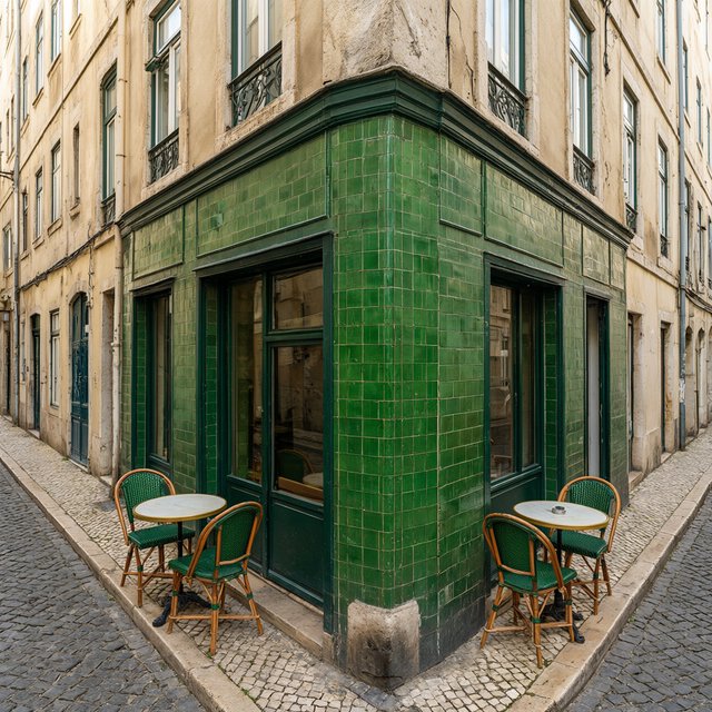 A tiny corner café in a narrow European street, green tiled facade, two bistro tables, morning light, no people. — Qwen Image 3.0 Pro