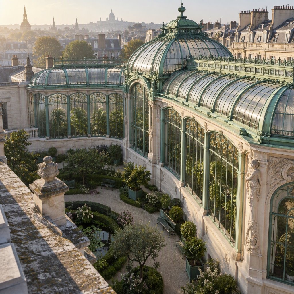 From a nearby rooftop, an Art Nouveau conservatory curves around a planted courtyard, its green copper ribs, clear glass, and pale stone base catching hazy morning light; orderly rooflines and believable supports show from above. — GPT Image 2.5 Sunburst