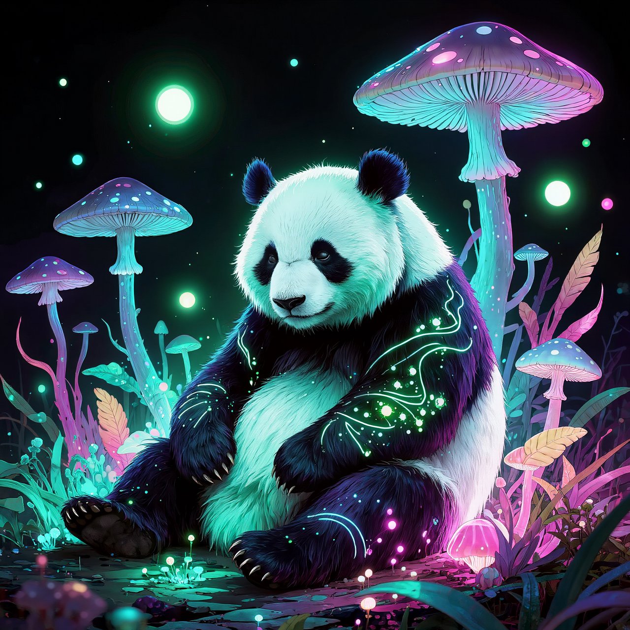 A bioluminescent panda bear, its fur patterns glowing with neon blues and vibrant greens, sits peacefully amidst a grove of luminous, alien flora. Giant, pulsing mushrooms and floating orbs of light create an otherworldly ambiance. The background fades into an inky blackness, making the glowing elements pop. Style: Sci-fi fantasy illustration with sharp, defined lines and glowing contrasts, drawing inspiration from futuristic concept art. — Kling v3