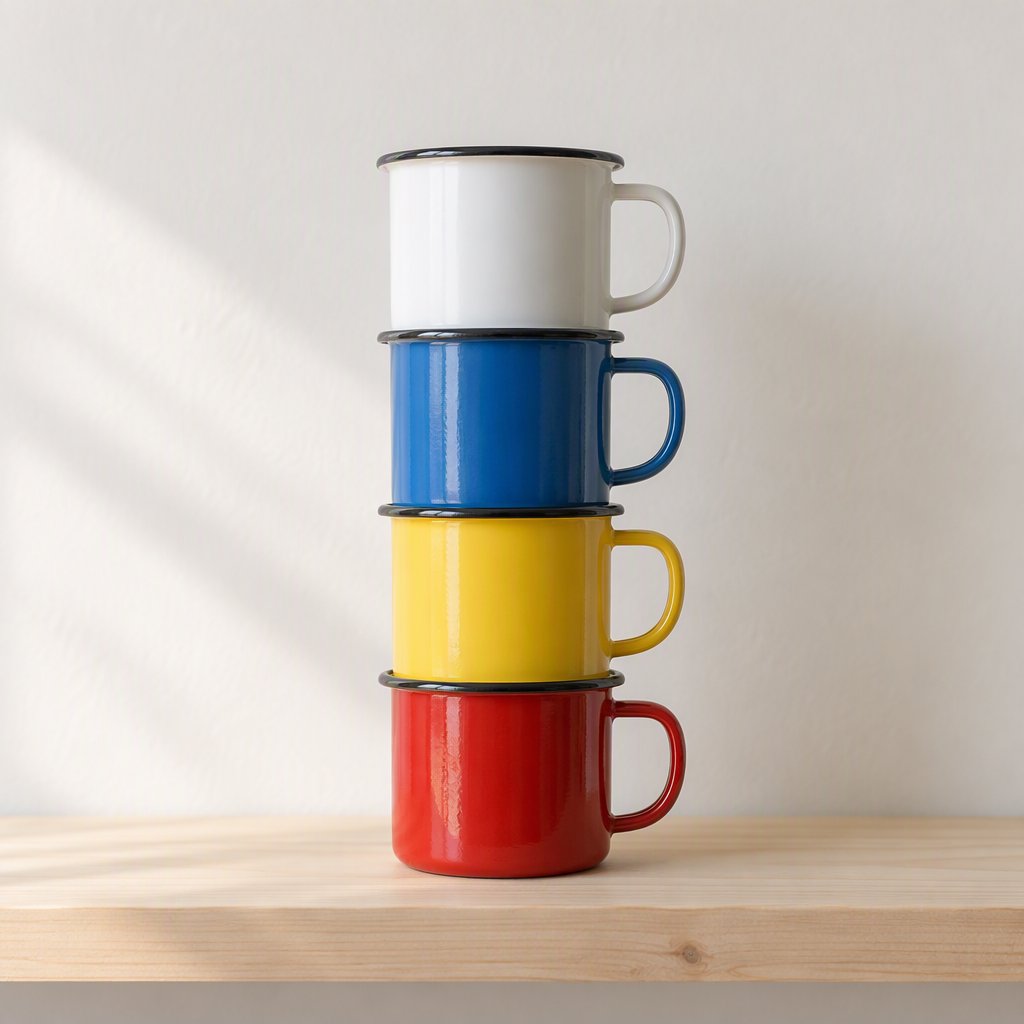 Exactly four enamel camping cups form a vertical tower on a pale wooden shelf, bottom to top: red, yellow, blue, white; all handles face right. Soft morning light, nothing else. — GPT Image 2.5 Sunburst