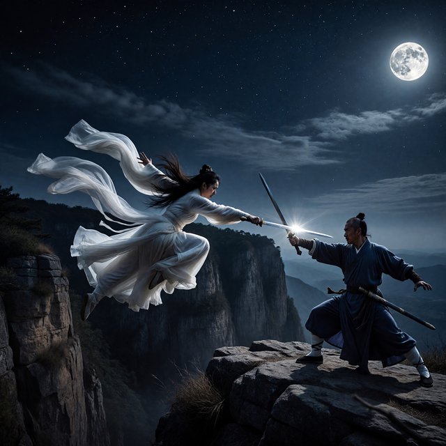 Frontal cinematic shot of two adult martial artists dueling on a cliff at night in ancient China: a female swordswoman in flowing white hanfu is airborne in a dynamic combat pose, thrusting her sword forward, while a male swordsman in traditional Taoist robes firmly parries her attack with his own blade. Moonlit night, wind sweeping their garments and hair, dramatic cliffside setting, tense face-off, elegant wuxia atmosphere, vivid motion, visually striking. — ImagineArt 1.5 Pro