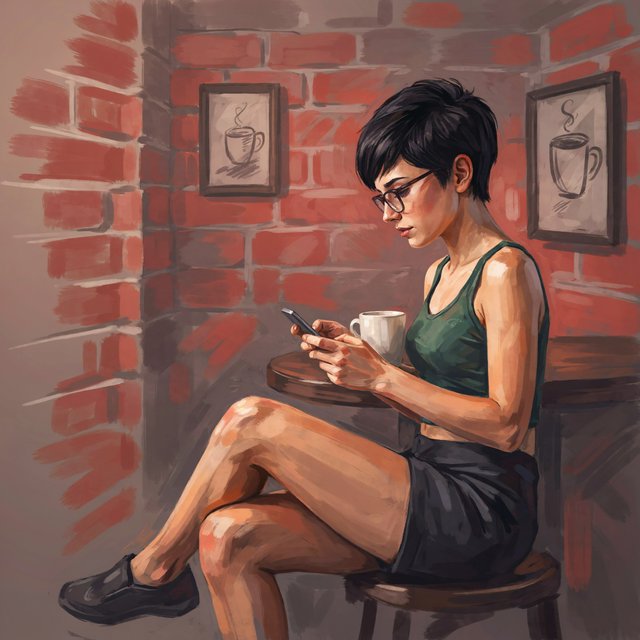 SUBJECT: Side view of a young woman seated at a cafe table, beautiful legs crossed, reading her phone. CHARACTER: 25-year-old woman with an extremely short black pixie cut, all hair under one inch. Stylish glasses, tight dark green ribbed tank top, bare midriff, shorts, comfortable shoes. SETTING: Trendy urban cafe, red brick walls decorated with framed sketches of coffee mugs. STYLE: Stylized semi-realistic digital painting, animation-inspired characters and environments. Expressive faces, large eyes, strong brows, simplified anatomy, convincing 3D volume and depth. Painterly shape-based rendering, minimal outlines, soft blended shading, broad angular brushstrokes. Luminous colors, warm undertones, restrained highlights. Hair and textures rendered in sculpted masses with selective fine detail. Muted charcoal and earthy palette, soft directional light, cohesive shadows, atmospheric depth. Detailed eyes and lips, simplified backgrounds, loose edges, unfinished brushwork. — Model 8