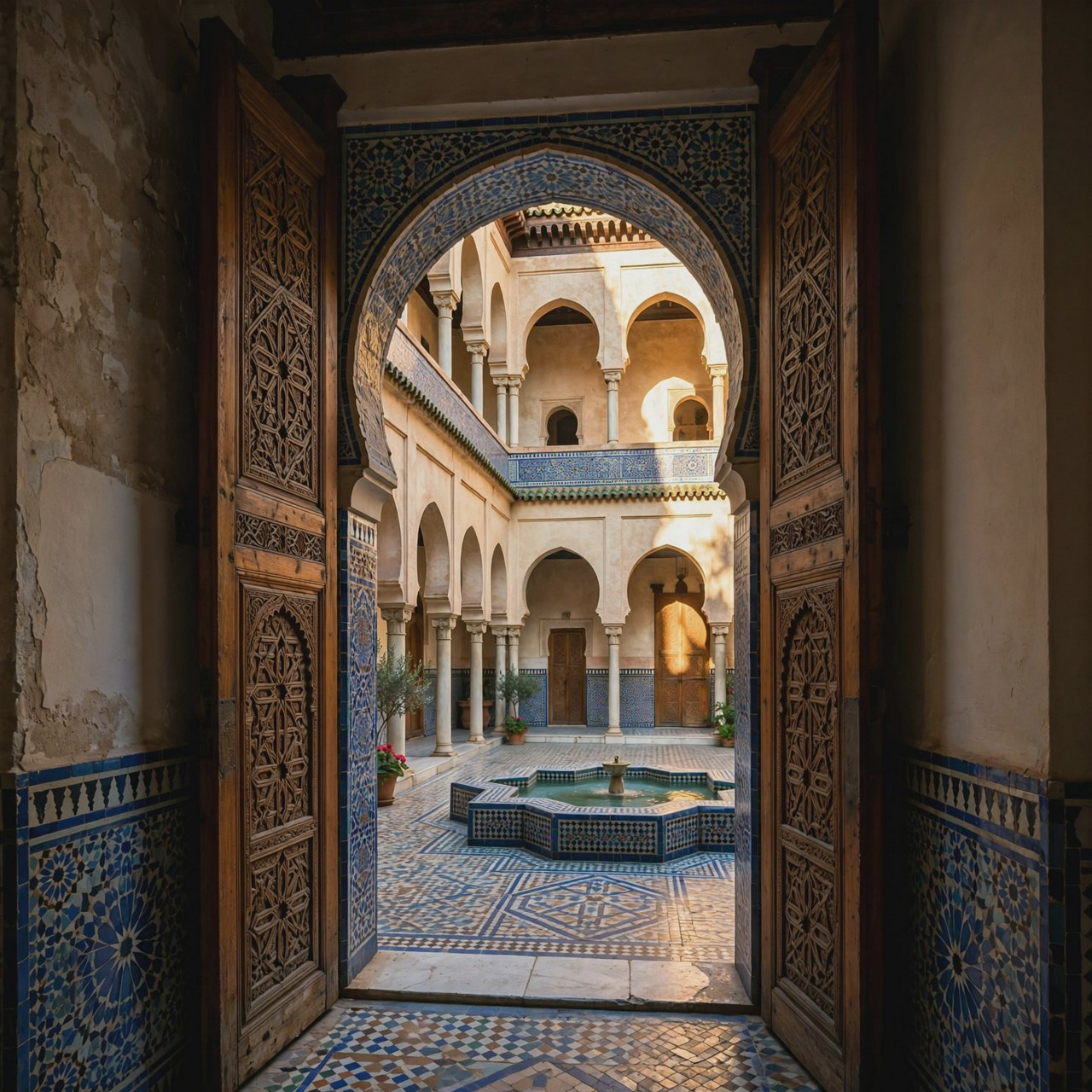 From a shaded courtyard entrance, Moorish Revival residences enclose a tiled fountain court, with cream stucco, carved cedar doors, and blue ceramic bands; late sunlight filters through arcades, revealing aligned walls and credible supports. — Muse Image 1.0
