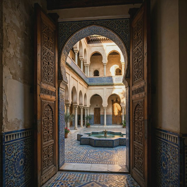 From a shaded courtyard entrance, Moorish Revival residences enclose a tiled fountain court, with cream stucco, carved cedar doors, and blue ceramic bands; late sunlight filters through arcades, revealing aligned walls and credible supports. — Muse Image 1.0