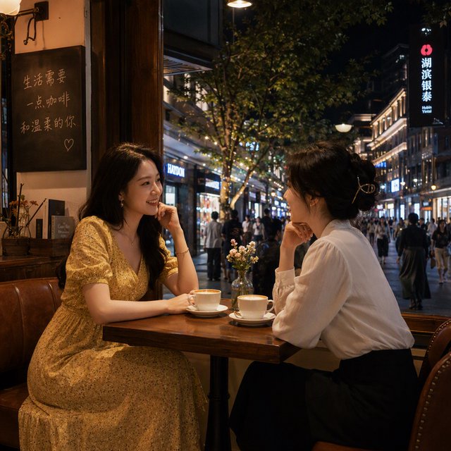A cozy nighttime café scene featuring two young adult Chinese women seated at a table by a window. One wears a yellow dress, and the other, seated opposite her, wears a white blouse and black skirt. They are chatting warmly with each other, with two cups of coffee on the table. Outside the window, a lively shopping street glows with evening lights, creating a relaxed, intimate, and cinematic atmosphere. — GPT Image 2
