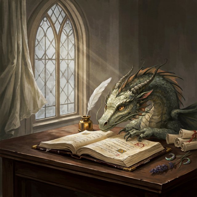 A mystical dragon's head, slender and dreamy, rests upon the yellowed pages of an ancient tome, the cover worn and mysterious, as soft warm light pours in through a nearby window, casting a serene ambiance, the air thick with the scent of old parchment and forgotten knowledge. — Ideogram v4