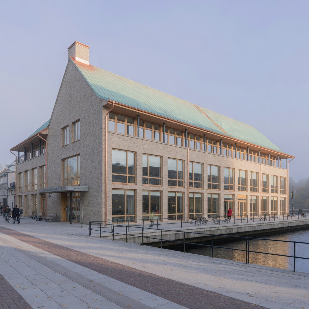 A riverside public library in contemporary Nordic brick architecture combines pale buff brick, oak-framed glazing, and a copper roof; cool morning light grazes its elevations, viewed from across the promenade, with straight lines and credible supports. — Grok Imagine Image Quality