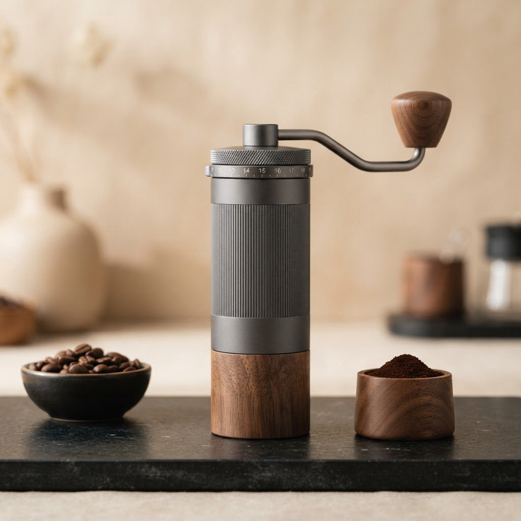 Commercial product photograph of an unbranded portable espresso grinder crafted from anodized aluminum with walnut accents, resting on a black stone surface against a warm beige background, illuminated by broad diffused studio light and a subtle edge highlight. — Nano Banana 2 Lite