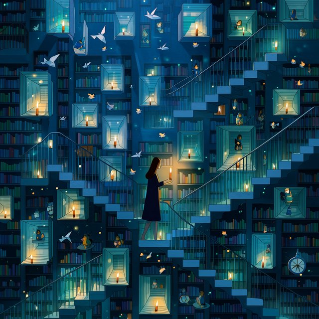 In an infinite library where floating staircases defy gravity, a young woman carries a candle through endless shelves. Her shadow has quietly detached itself from her feet and now wanders independently among the towering bookcases, secretly opening glowing books filled with forgotten memories. Each open page reveals miniature worlds: flying origami birds, drifting clocks, and tiny ghostly figures. The woman's candlelight creates impossible reflections, revealing dozens of alternative shadows with distinct personalities. Dreamlike surrealism, warm golden candlelight set against deep blue darkness, intricate details, magical realism, painterly. — Midjourney Niji 7