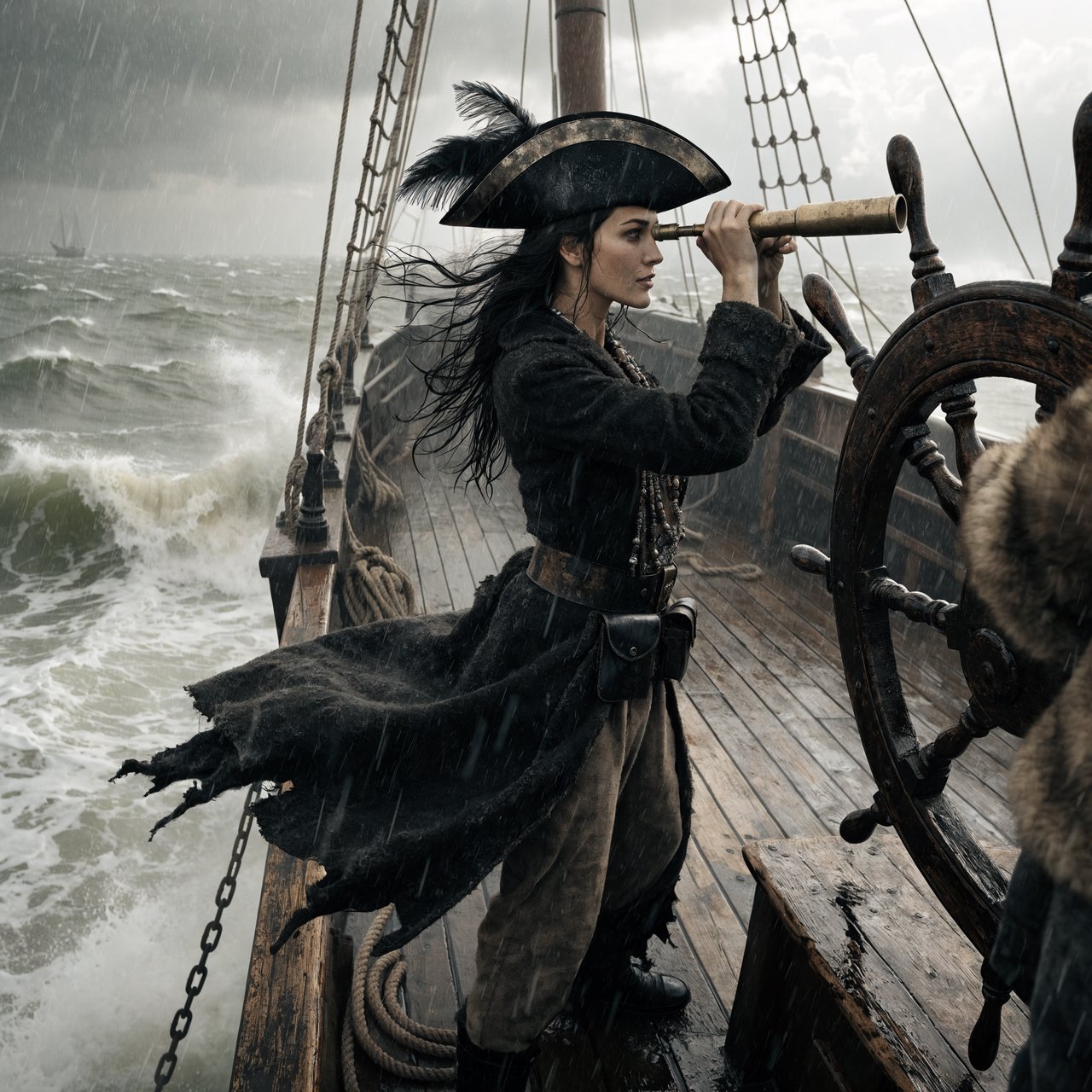 A pirate woman wearing a tricorne hat and an open coat stands behind the helmsman, scanning the horizon for danger. — Recraft v4 Pro