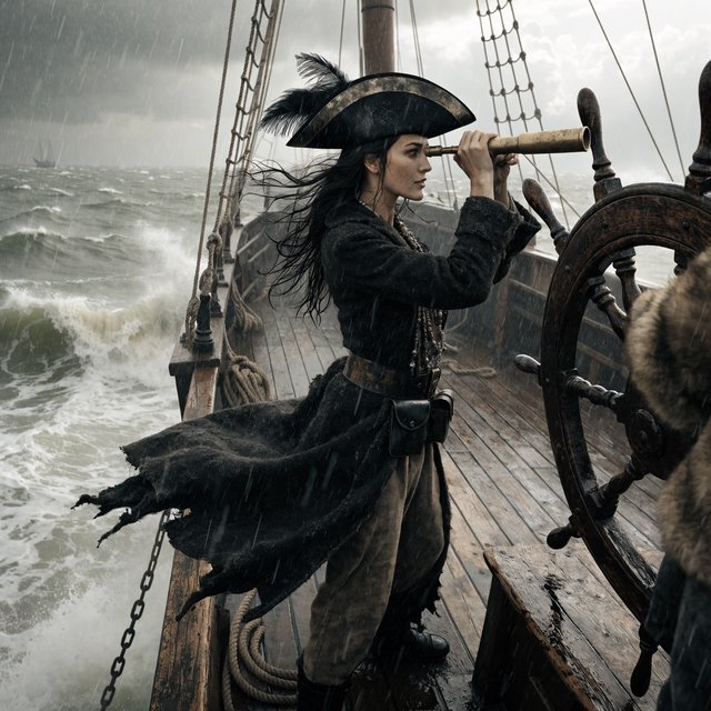 A pirate woman wearing a tricorne hat and an open coat stands behind the helmsman, scanning the horizon for danger. — Recraft v4 Pro