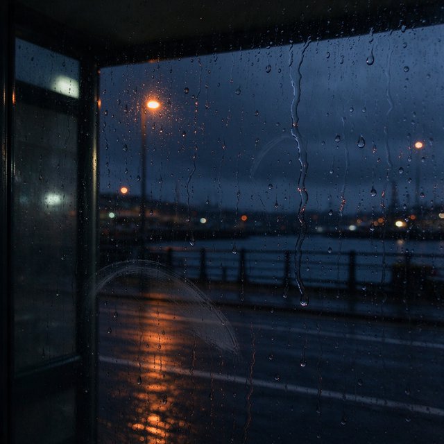 Raindrops crawl down a bus shelter pane, warping blurred harbor lights beyond. A handheld evening street snapshot in cool sodium glow, shot at 50mm with shallow depth of field, catches tiny water trails and a faint wipe mark. — Seedream 5.0 Flash