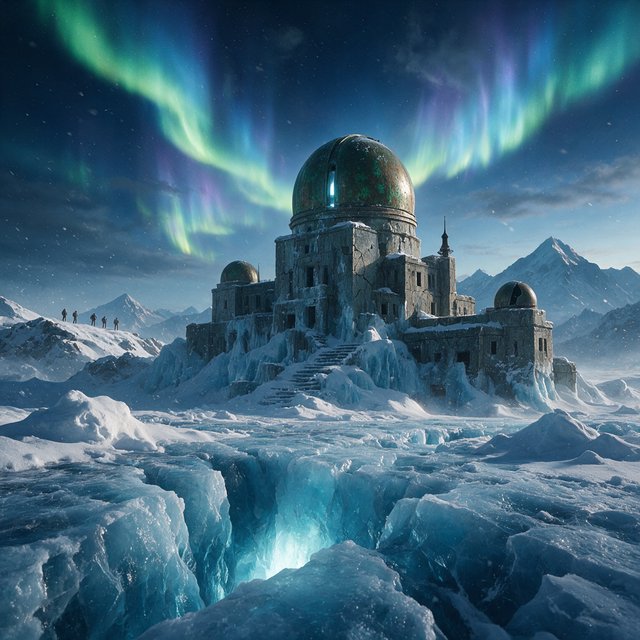 An abandoned observatory carved into a glacier, its bronze domes protruding from blue ice, aurora light filtering through crevasses, tiny adult explorers on a distant ridge emphasizing immense scale, drifting snow and deep polar shadows. — Seedream 5.0 Pro